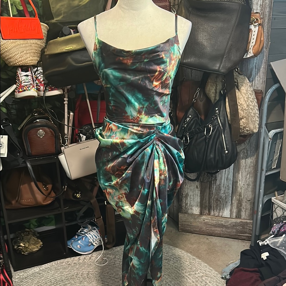 PrettyLittleThing Green Ruched Wrap Cocktail Dress